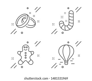 Wedding rings, Candy and Gingerbread man line icons set. Air balloon sign. Love, Lollypop, Christmas cookie. Flight travel. Holidays set. Line wedding rings outline icon. Vector