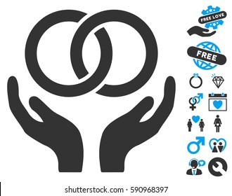 Wedding Rings Care Hands icon with bonus decoration graphic icons. Vector illustration style is flat iconic blue and gray symbols on white background.
