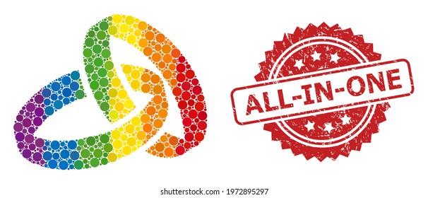 Wedding rings collage icon of round spots in different sizes and LGBT colored color tones, and All-In-One grunge rosette stamp seal. A dotted LGBT-colored Wedding rings for lesbians, gays,