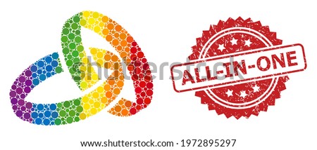 Wedding rings collage icon of round spots in different sizes and LGBT colored color tones, and All-In-One grunge rosette stamp seal. A dotted LGBT-colored Wedding rings for lesbians, gays,