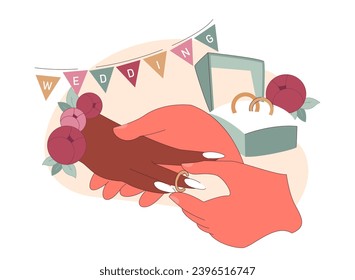 Concepto de Anillos de boda. Las manos entrelazadas intercambian bandas de oro en medio de un decorado de bodas y una caja de canto. Símbolo de amor eterno. Bono irrompible. Ilustración vectorial plana.