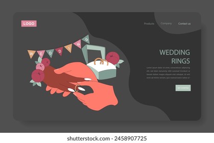 Wedding Rings concept. Intertwined hands exchange golden bands amidst a backdrop of wedding decor and a ring box. Symbol of eternal love. Unbreakable bond. Flat vector illustration.