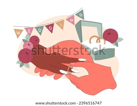 Wedding Rings concept. Intertwined hands exchange golden bands amidst a backdrop of wedding decor and a ring box. Symbol of eternal love. Unbreakable bond. Flat vector illustration.