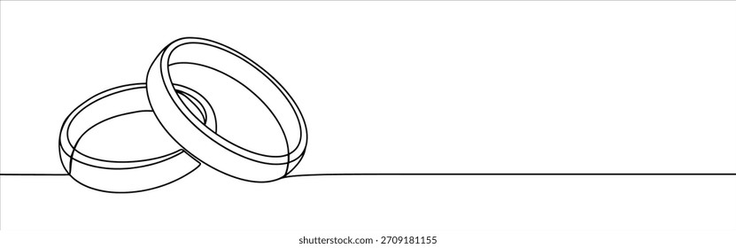 Wedding rings continuous one line drawing. Hand drawn proposal engagement and love marriage concept.