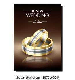 Wedding Rings Creative Promotional Banner Vector. Golden Rings For Married Couple Husband And Wife Advertising Poster. Jewelery Accessories, Hand Finger Decoration Style Concept Template Illustration