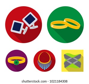 Wedding rings, cuff links, diamond necklace, women's ring with a stone. Jewelery and accessories set collection icons in flat style vector symbol stock illustration web.