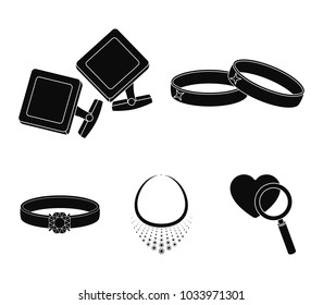 Wedding rings, cuff links, diamond necklace, women's ring with a stone. Jewelery and accessories set collection icons in black style vector symbol stock illustration web.