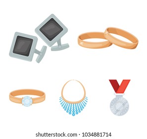 Wedding rings, cuff links, diamond necklace, women's ring with a stone. Jewelery and accessories set collection icons in cartoon style vector symbol stock illustration web.