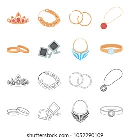 Wedding rings, cuff links, diamond necklace, women ring with a stone. Jewelery and accessories set collection icons in cartoon,outline style vector symbol stock illustration web.