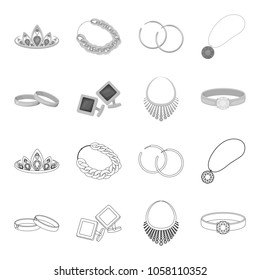 Wedding rings, cuff links, diamond necklace, women ring with a stone. Jewelery and accessories set collection icons in outline,monochrome style vector symbol stock illustration web.