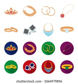 Wedding rings, cuff links, diamond necklace, women ring with a stone. Jewelery and accessories set collection icons in cartoon,flat style vector symbol stock illustration web.