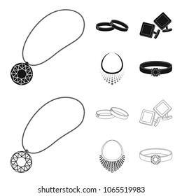 Wedding rings, cuff links, diamond necklace, women ring with a stone. Jewelery and accessories set collection icons in black,outline style vector symbol stock illustration web.