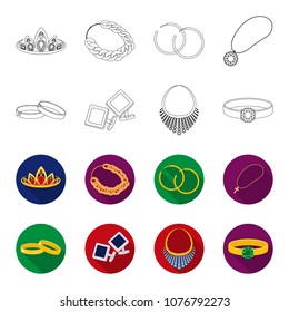 Wedding rings, cuff links, diamond necklace, women ring with a stone. Jewelery and accessories set collection icons in outline,flat style vector symbol stock illustration web.