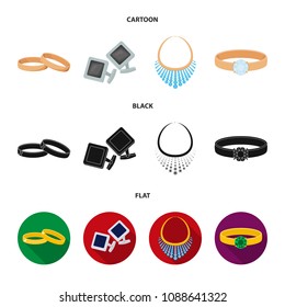 Wedding rings, cuff links, diamond necklace, women ring with a stone. Jewelery and accessories set collection icons in cartoon,black,flat style vector symbol stock illustration web.