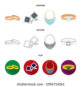 Wedding rings, cuff links, diamond necklace, women ring with a stone. Jewelery and accessories set collection icons in cartoon,outline,flat style vector symbol stock illustration web.