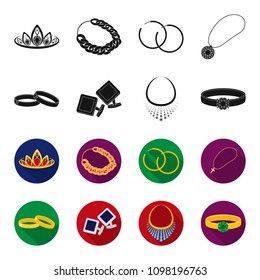 Wedding rings, cuff links, diamond necklace, women ring with a stone. Jewelery and accessories set collection icons in black,flet style vector symbol stock illustration web.