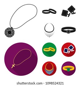 Wedding rings, cuff links, diamond necklace, women ring with a stone. Jewelery and accessories set collection icons in black, flat style vector symbol stock illustration web.
