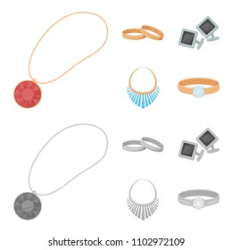 Wedding rings, cuff links, diamond necklace, women ring with a stone. Jewelery and accessories set collection icons in cartoon,monochrome style vector symbol stock illustration web.