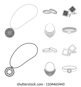 Wedding rings, cuff links, diamond necklace, women ring with a stone. Jewelery and accessories set collection icons in outline,monochrome style vector symbol stock illustration web.