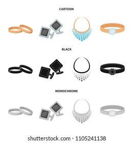 Wedding rings, cuff links, diamond necklace, women ring with a stone. Jewelery and accessories set collection icons in cartoon,black,monochrome style vector symbol stock illustration web.
