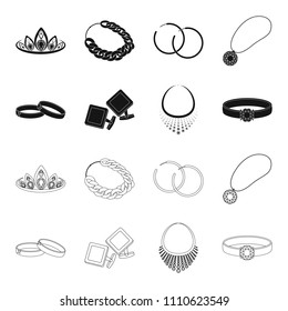 Wedding rings, cuff links, diamond necklace, women's ring with a stone. Jewelery and accessories set collection icons in black,outline style vector symbol stock illustration web.