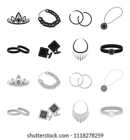 Wedding rings, cuff links, diamond necklace, women ring with a stone. Jewelery and accessories set collection icons in black,monochrome style vector symbol stock illustration web.