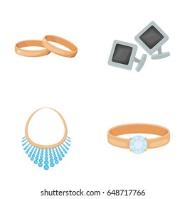 Wedding rings, cuff links, diamond necklace, women's ring with a stone. Jewelery and accessories set collection icons in cartoon style vector symbol stock illustration web.