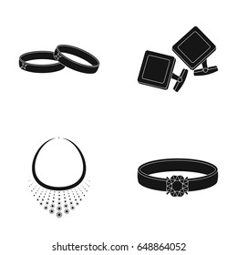 Wedding rings, cuff links, diamond necklace, women's ring with a stone. Jewelery and accessories set collection icons in black style vector symbol stock illustration web.