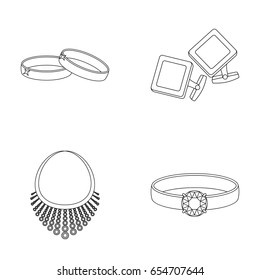 Wedding rings, cuff links, diamond necklace, woman ring with a stone. Jewelery and accessories set collection icons in outline style vector symbol stock illustration web.