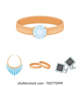 Wedding rings, cuff links, diamond necklace, women's ring with a stone. Jewelery and accessories set collection icons in cartoon style vector symbol stock illustration web.