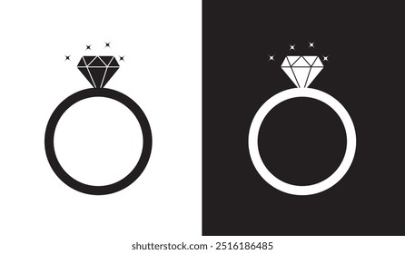 Wedding rings with diamond. Diamond engagement ring. Wedding ring line art vector illustration on white, black background. Engagement ring. Wedding ring symbol line art. Vector illustration.