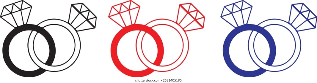 Wedding rings, diamond rings, engagement rings, simple line art, minimalist design, interlocking circles, red blue and black colors, iconic jewelry symbols	