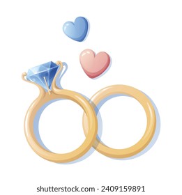 Anillos de boda con diamantes y corazones en un fondo aislado. Ilustración de bodas para logotipo, icono, diseño de invitación.