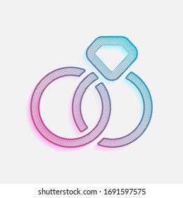 Anillos de boda con diamante, icono. Logo coloreado con líneas diagonales y degradado azul-rojo. Gráfico neón, efecto ligero
