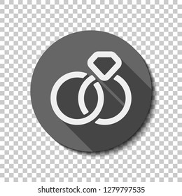 Wedding rings with diamond, icon. flat icon, long shadow, circle, transparent grid. Badge or sticker style