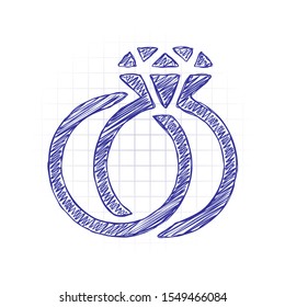 Wedding rings with diamond, icon. Hand drawn sketched picture with scribble fill. Blue ink. Doodle on white background