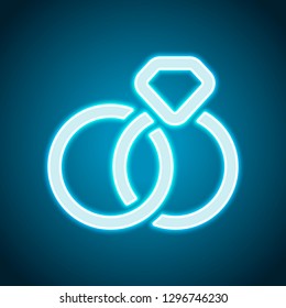 Wedding rings with diamond, icon. Neon style. Light decoration icon. Bright electric symbol