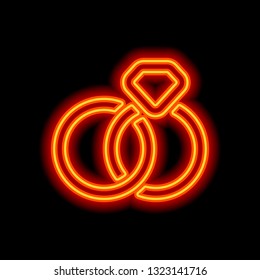 Wedding rings with diamond, icon. Orange neon style on black background. Light icon
