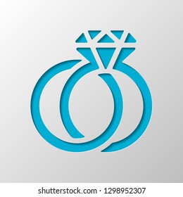 Wedding rings with diamond, icon. Paper design. Cutted symbol with shadow