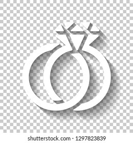 Wedding rings with diamond, icon. White icon with shadow on transparent background
