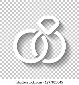 Wedding rings with diamond, icon. White icon with shadow on transparent background