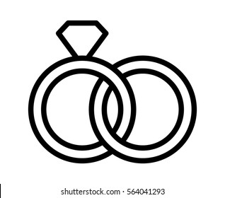 Wedding rings with diamond linked together in the symbol of marriage line art vector icon for apps and websites