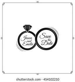 Wedding Rings with Diamond. Save the date. Vintage wedding invitation. Vector illustration