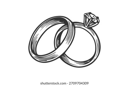 Wedding rings drawn icon set. Hand drawn engraved jewelry sketch illustration.
