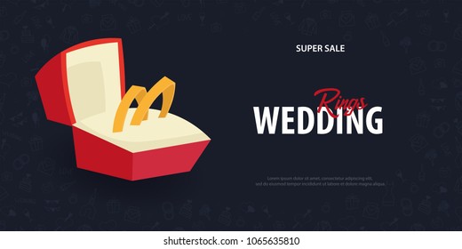 Wedding Rings. Flat Wedding agency banner with hand draw doodle on a background. Vector illustration