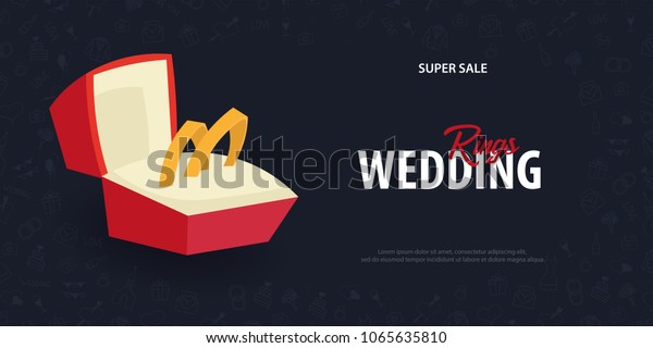 Wedding Rings. Flat\
Wedding agency banner with hand draw doodle on a background. Vector\
illustration
