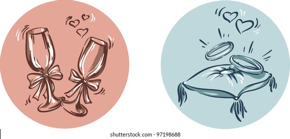 Wedding rings  and Wedding glasses with ribbons