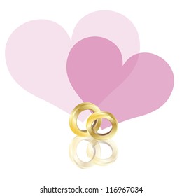 Wedding Rings Gold Band with Couple Pink Hearts Isolated on White Background Vector Illustration