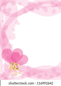 Wedding Rings Gold Band on Swirls Border with Flying Hearts Border Background Vector Illustration