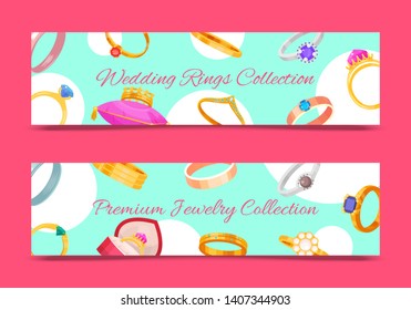 Wedding rings gold and silver metal vector illustration. Jewelry diamond ceremony gemstone present. Fashion precious accessory banner. Marriage couple relationship romance celebration.
